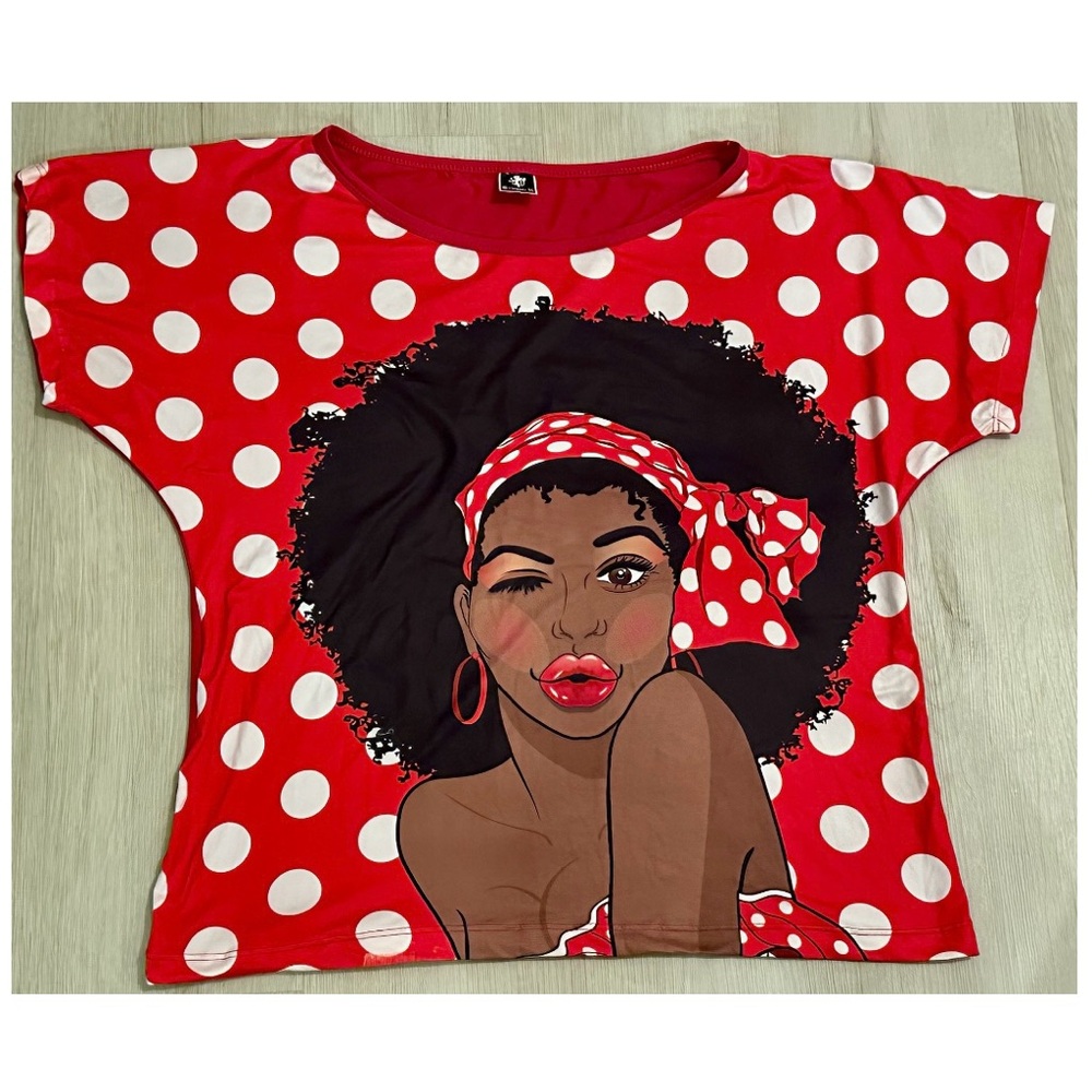 Afro Woman Polka Dot Graphic Tee – Red White Schuster Size L – Bold & Like New